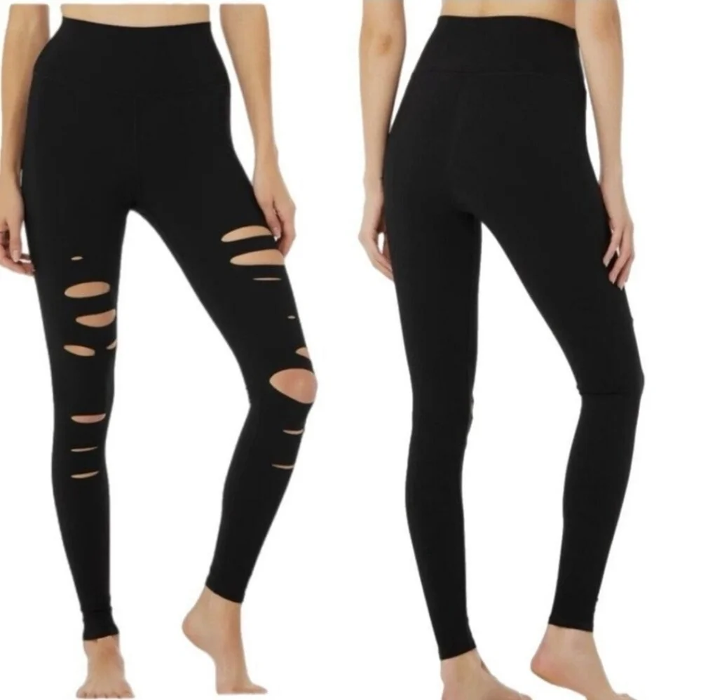 ALO Yoga High-Waist Ripped Warrior Black Leggings Size S Distressed Ripped